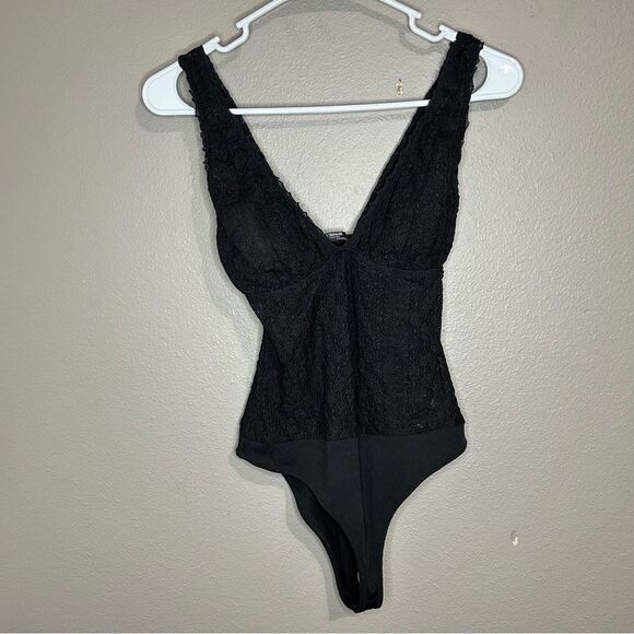 ZARA black sheer floral lace striped bodysuit women's size small - Picture 2 of 10